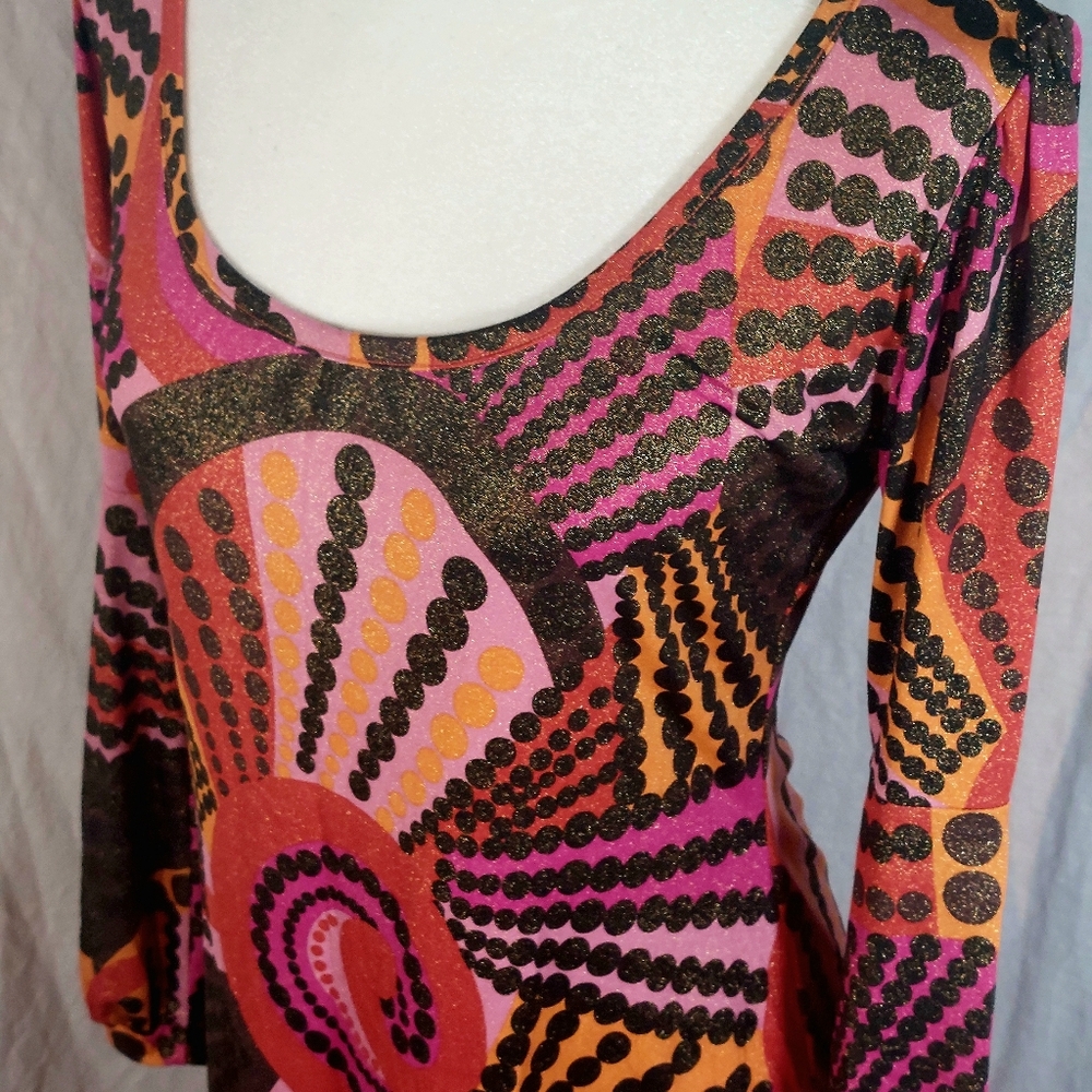 Fickle🔥 pink, orange & black w gold shimmer flared sleeve mini dress, L, NWOT